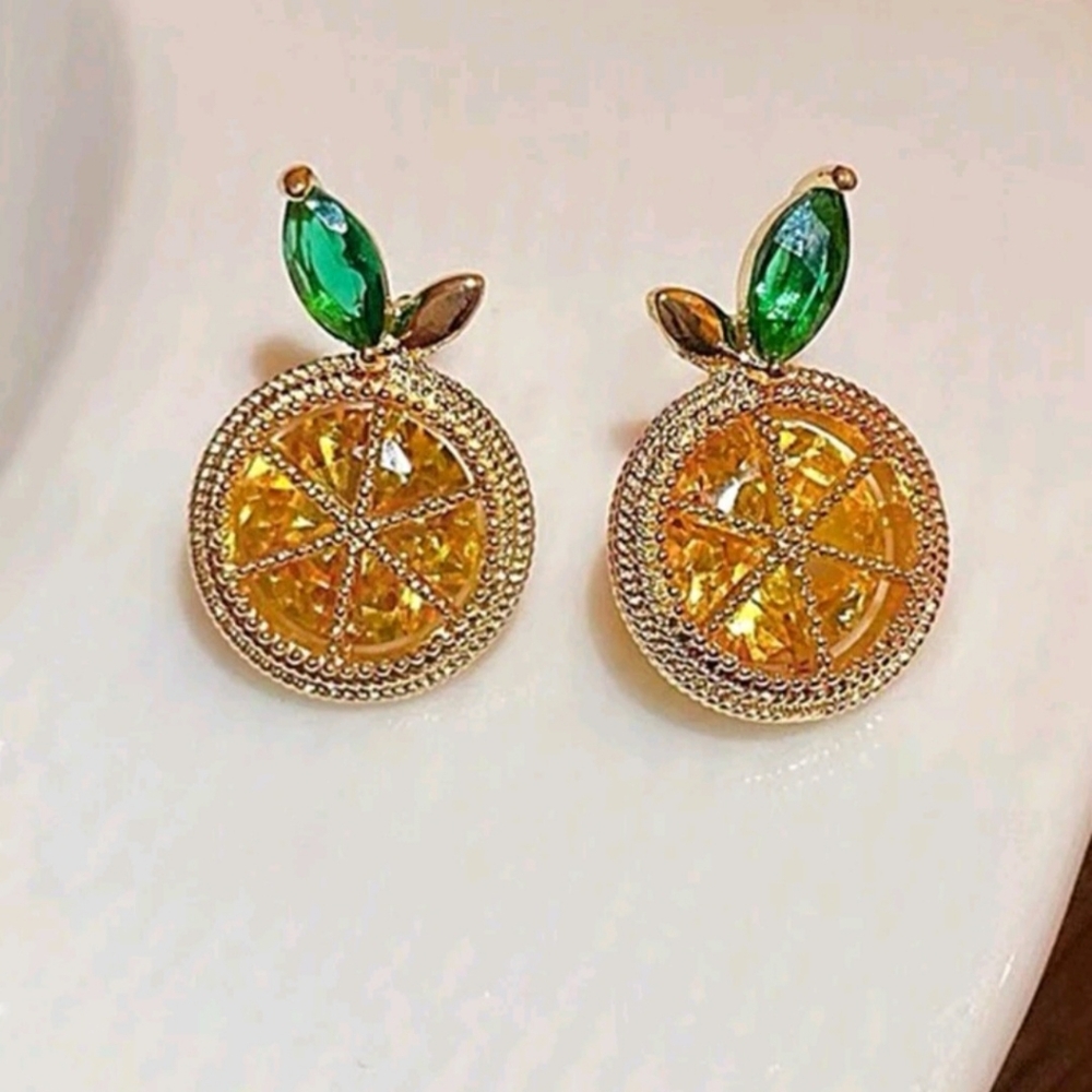 Dainty Rhinestone Sequin  Lemon 🍋 Stud Earrings New!